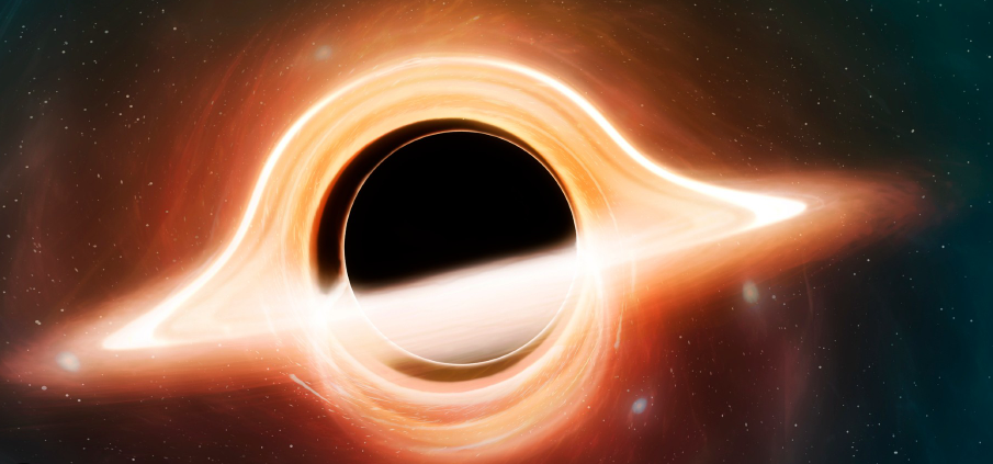 Artistic illustration of a black hole with a glowing orange accretion disk and gravitationally lensed light
