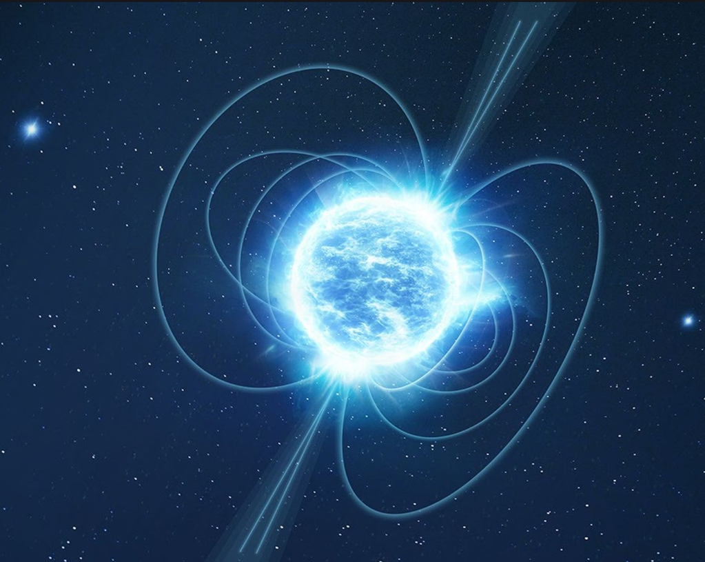 Illustration of a magnetar with glowing magnetic field lines and energy jets against a starfield