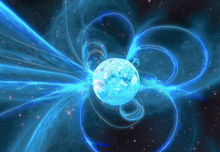 Artist's illustration of a magnetar with magnetic field lines and a bright giant flare erupting into space