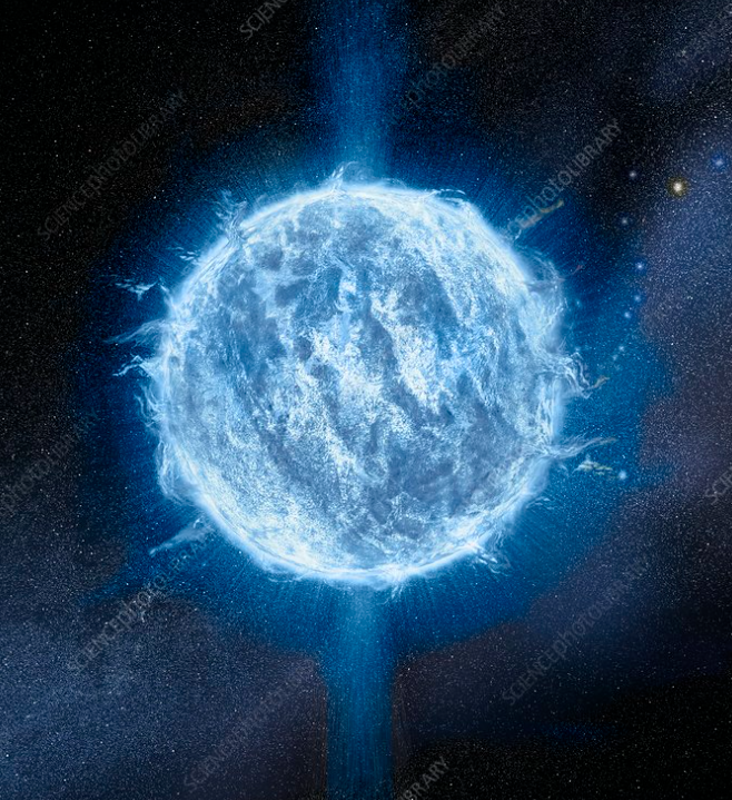 Artist's illustration of a neutron star with bright polar jets against a starfield